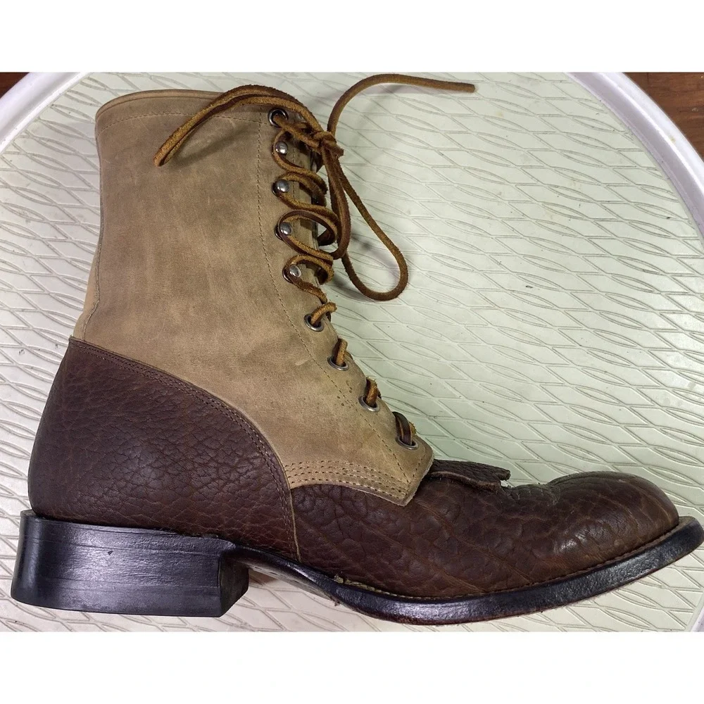 Justin Men's Vintage Leather Kiltie Lacer Brown&Tan Lace-up Boots USA 7.5 D